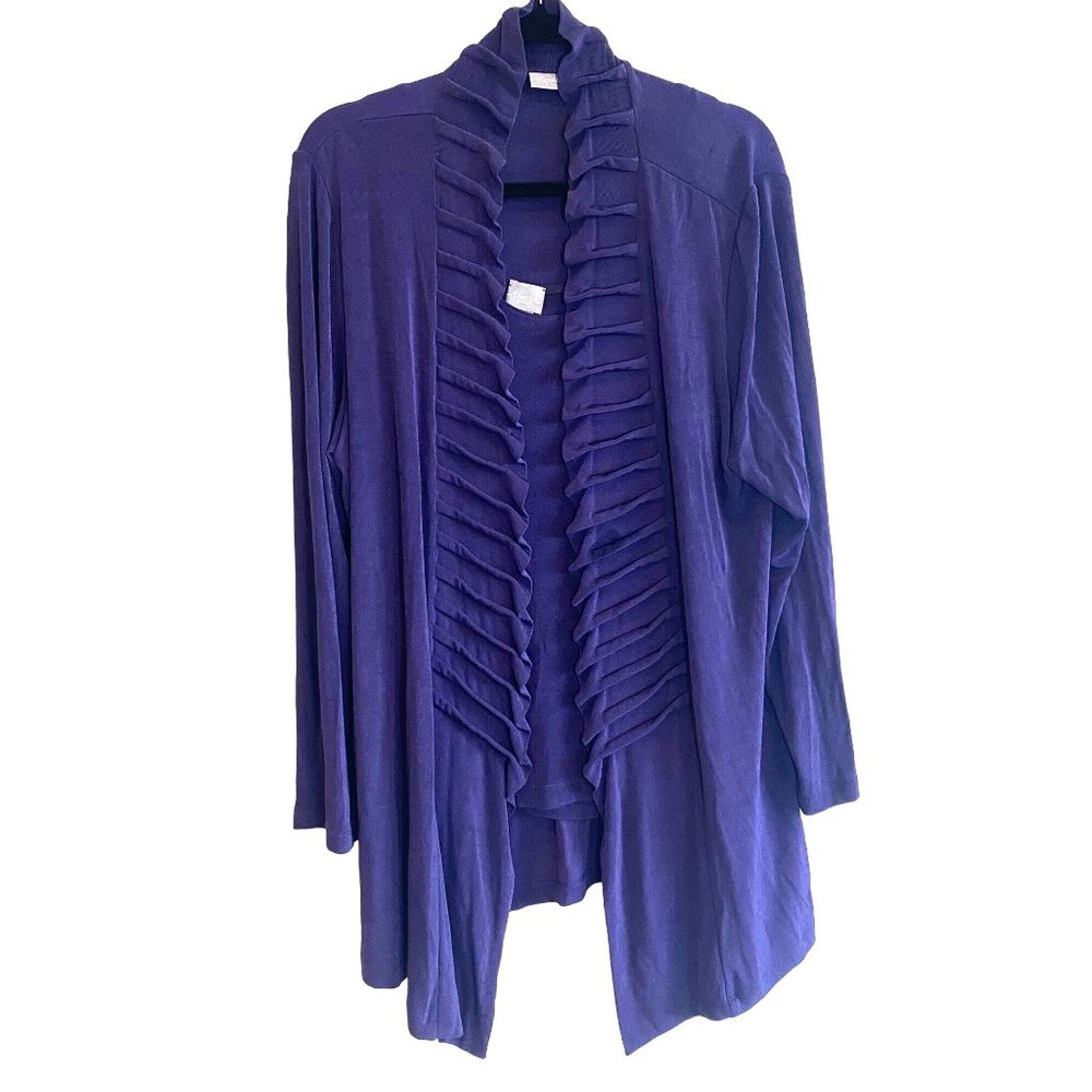 Chico’s Twin Set Travelers Classic Purple Ruffle Trim Jacket Duster 3 Tank Top 2